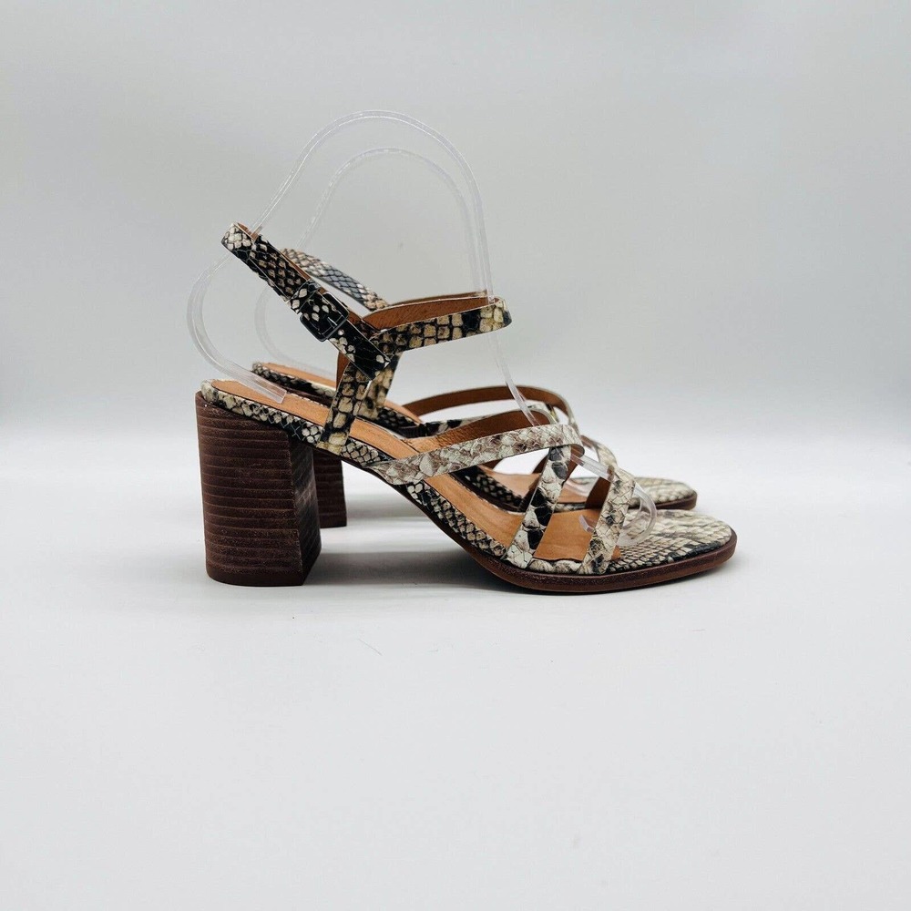 Madewell Womens 7.5 Gray Leather Snake Print Block Heel Strappy Shoes EUC